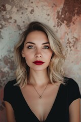 Fototapeta na wymiar Blonde Woman in Dreamlike Nostalgic Pink, Brown, Cream Background - Direct Gaze with Makeup defined Eyebrows and Red Lipstick - Light Hair and Black Dress created with Generative AI Technology