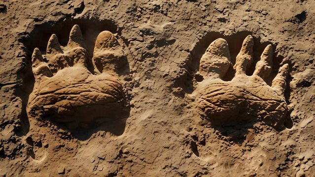 The fossilized footprints of a sauropod dinosaur alongside the footprints of a modern elephant highlighting similarities in gait and foot structure.