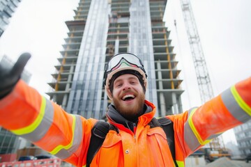 construction safety officer selfie with high visibility jacket, new office tower