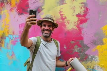 painter with roller, taking selfie in front of vibrant wall