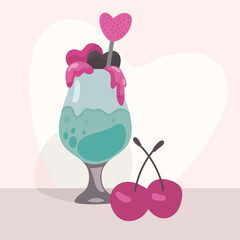 Cocktail glass with cherries and hearts