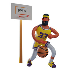  3D illustration. 3D Character Design of Basketball Athlete standing near the basket. with the pose of playing dribble the ball. showing a happy expression. 3D Cartoon Character