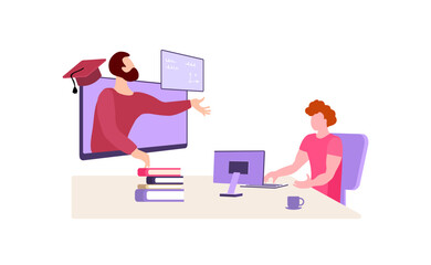 A professor is teaching an online lesson to an adult student. Online learning. Inspired teacher at remote work. Vector illustration