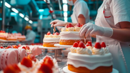 Confectioners who glaze and decorate cakes in a factory.