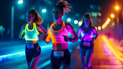 Runners decked out in bright, glowing accessories take on the night race, combining athleticism with a visually appealing and energetic atmosphere.