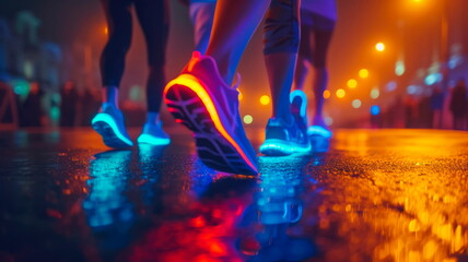 Runners decked out in bright, glowing accessories take on the night race, combining athleticism with a visually appealing and energetic atmosphere.