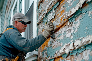 workers who inspect and repair damaged exterior siding, emphasizing the exterior aspect of an apartment or home renovation.