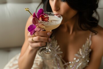 woman in a gown savoring a cocktail with an orchid decoration