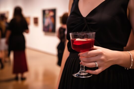 person in a black dress at an art gallery event with a glass of red sangria