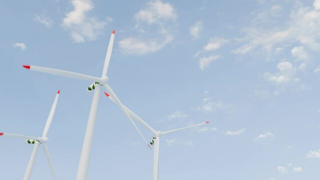 Wind turbine farm isolated on clear blue sky, renewable eco friendly green energy, 4k seamless loop
