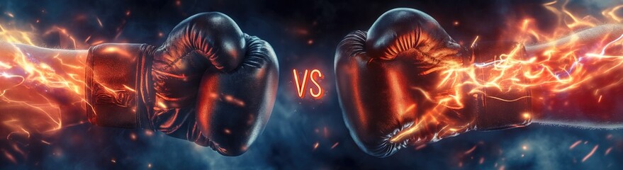 Fiery Boxing Gloves Clash in Intense Competitive Battle. - obrazy, fototapety, plakaty