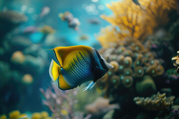 Fototapeta na wymiar A Queen Angelfish displays its stunning colors while gracefully swimming among the vibrant coral of a bustling reef ecosystem. 