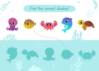 Cercles muraux Vie marine Mini game with cute sea animals for kids. Find the correct shadow of cartoon underwater animals.