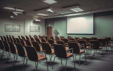 Empty conference room with chairs and a projector. Lecture hall with screen and chairs