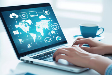 Close-up of a person's hands typing on a laptop that displays a digital global network interface, symbolizing connectivity and modern communication, coffee cup in background