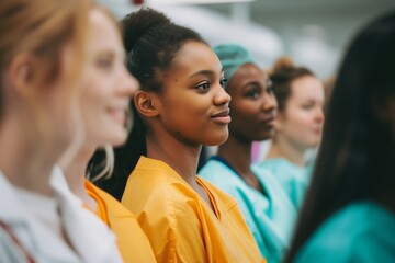 women with diverse skin tones wearing healthcare uniforms in a hospital - obrazy, fototapety, plakaty