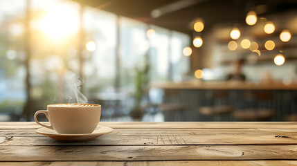 Cup of coffee on wooden table. blurred background. Relaxed time. AI Generative.Generative AI illustration 