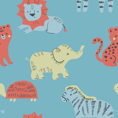 Cute colorful safari animals zebra turtle leopard tiger Leon elephant  seamless print pattern graphic tee design for kids market as vector
