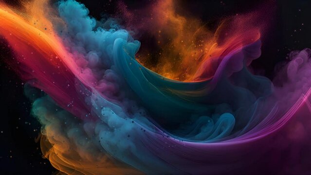 colorful smoke powder explosion fluid ink particles slow motion alpha matte isolated on black, Seamless and infinity looping animation. Live wallpaper or screen saver video
