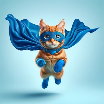 A realistic portrayal of a cute orange tabby cat dressed as a superhero, with a bright blue cloak and mask, dynamically jumping and flying