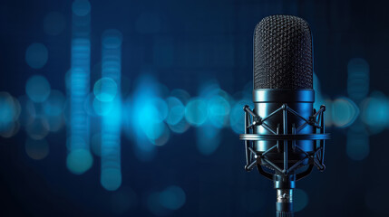 A vintage style microphone against a dark background, illuminated by a vibrant digital audio wave spectrum.
