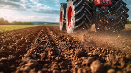Close-up action shot of a tractor plowing a field, with soil particles flying in the warm light of the setting sun, depicting agricultural labor..