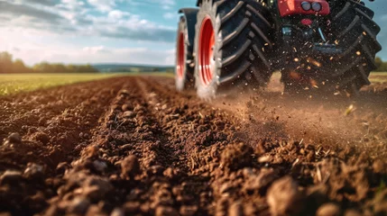 Fototapeten Close-up action shot of a tractor plowing a field, with soil particles flying in the warm light of the setting sun, depicting agricultural labor.. © Atchariya63