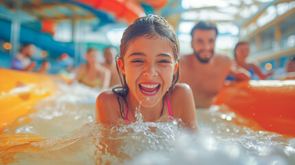 Joyful smiling young girl swimming at an indoor Waterpark pool with her father in the background - Fun family summer activities 