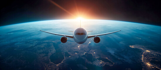 Fototapeta premium Airplane Soaring Over Earth with Sunrise Horizon