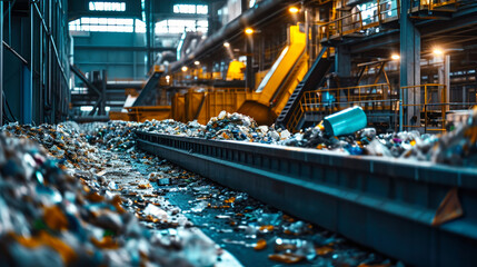 Factory Overflowing With Trash Along a Conveyor Belt - obrazy, fototapety, plakaty