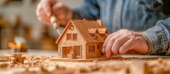 Foto op Plexiglas Elderly man hands crafting a small wooden miniature home in his workshop - Post retirement life and activities  © Gejsi