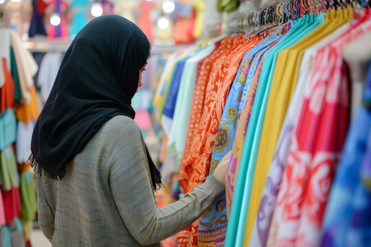 woman browsing colorful hijabs on store display