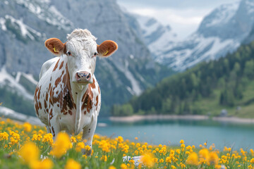 spotted cow grazes in an alpine meadow - obrazy, fototapety, plakaty