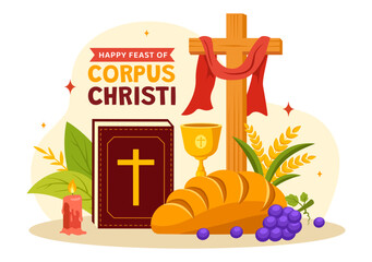 Corpus Christi Catholic Religious Vector Illustration with Feast Day, Cross, Bread and Grapes in Holiday Celebration Flat Cartoon Background