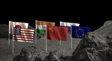 Flags on Moon Earth's satellite background. Exploration and science fiction background