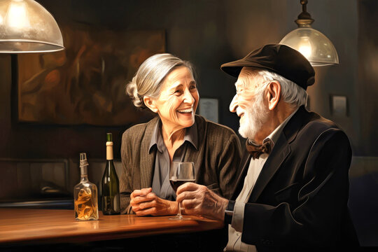 Elderly Couple Enjoying Wine Together