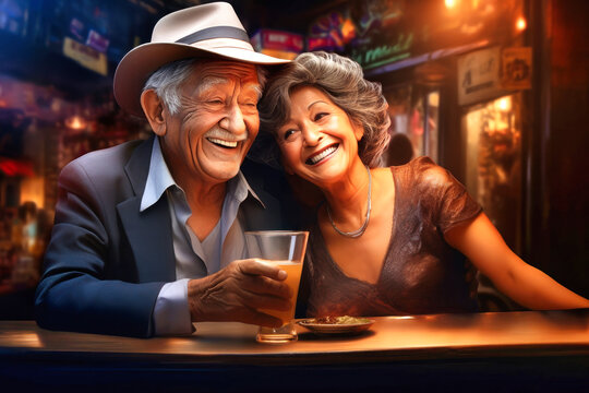 Elderly Couple Conversing Over Drinks at a Table - Art Painting