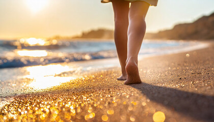 Closeup of woman feet walking on sand beach during a golden hour sunset. Travel and relaxing - obrazy, fototapety, plakaty