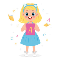 Vector little girl with blonde hair holding a book in her hands