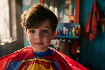  kid wearing a superhero cape for a haircut adventure © primopiano