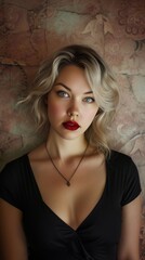 Blonde Woman in Dreamlike Nostalgic Pink, Brown, Cream Background - Direct Gaze with Makeup defined Eyebrows and Red Lipstick - Light Hair and Black Dress created with Generative AI Technology