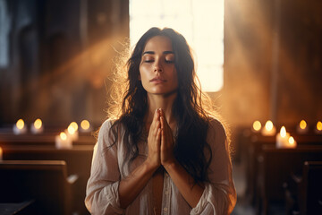 a girl is praying for god and Jesus in a church with heaven light