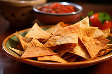 Tortilla chips on plate with salsa dip in background - obrazy, fototapety, plakaty