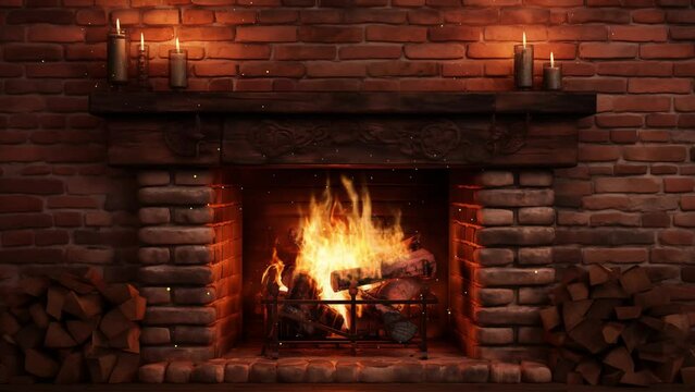 red brick wall room with fireplace. fireplace with burning logs. seamless looping overlay 4k virtual video animation background 