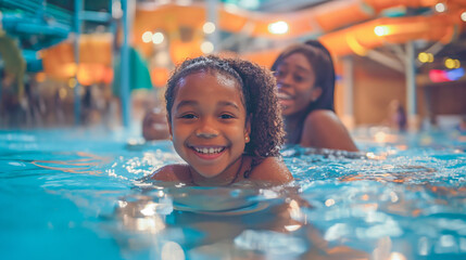 A black skinned little girl smiling having fun with her mother at an indoor Waterpark  - obrazy, fototapety, plakaty