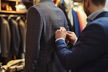 tailor fitting a bespoke suit on a client in a posh boutique - 730705133