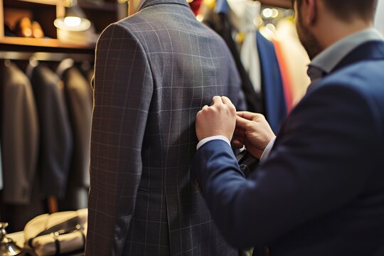 tailor fitting a bespoke suit on a client in a posh boutique