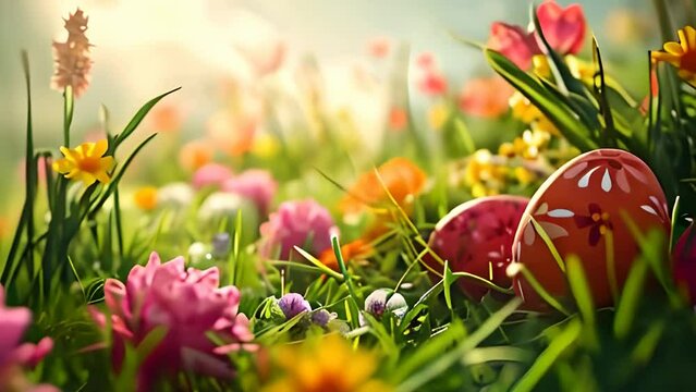 Ornately decorated Easter egg in the foreground, set against a lush green field with blooming flowers