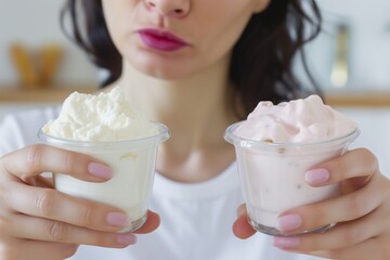 woman comparing two different brands of yogurt