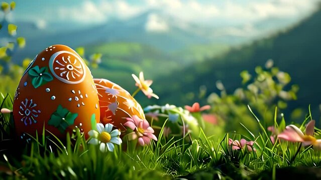 Ornately decorated Easter egg in the foreground, set against a lush green field with blooming flowers